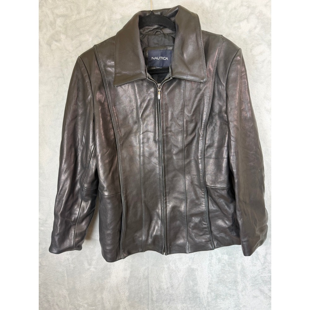 Y2K NAUTICA Leather Jacket Womens L Genuine Leather Full Zip Collared Lined